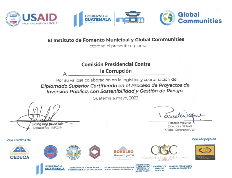 Reconocimiento otorgado a la CPCC por el respaldo técnico y su valiosa participación en el diplomado impartiendo temas para prevenir la corrupción.