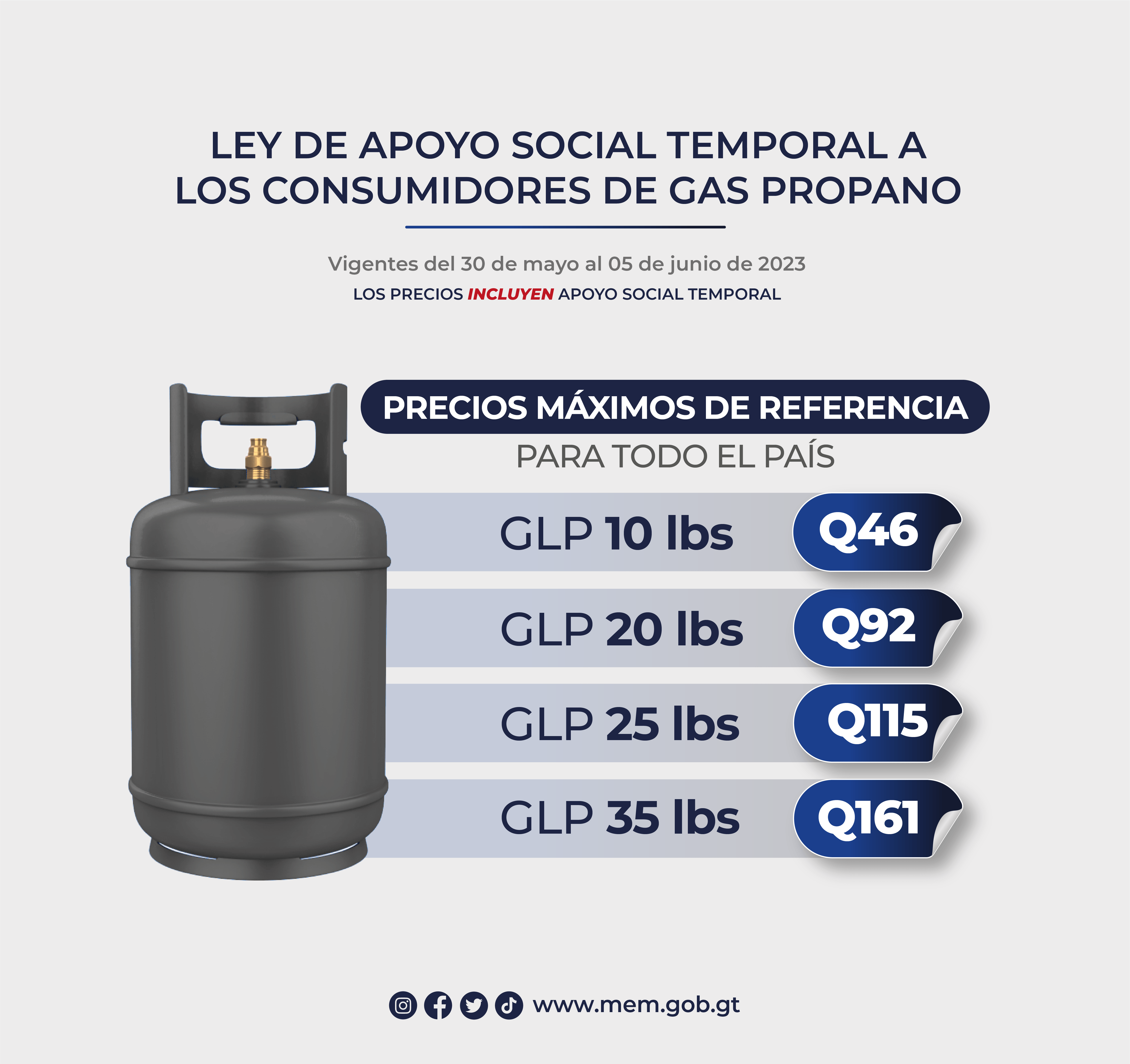 Precios máximos de referencia al consumidor de gas propano con apoyo social temporal vigentes del 30 de mayo al 05 de junio de 2023