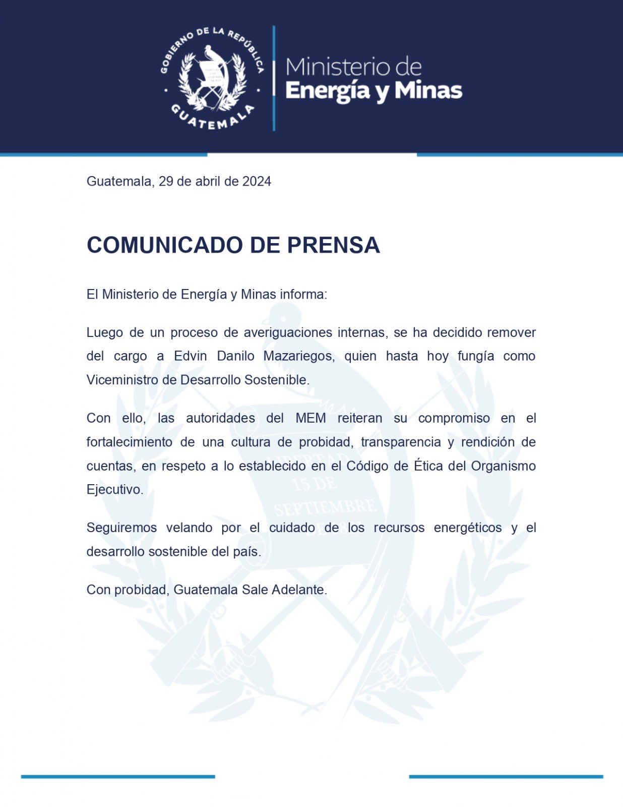 El Ministerio de Energía y Minas informa: