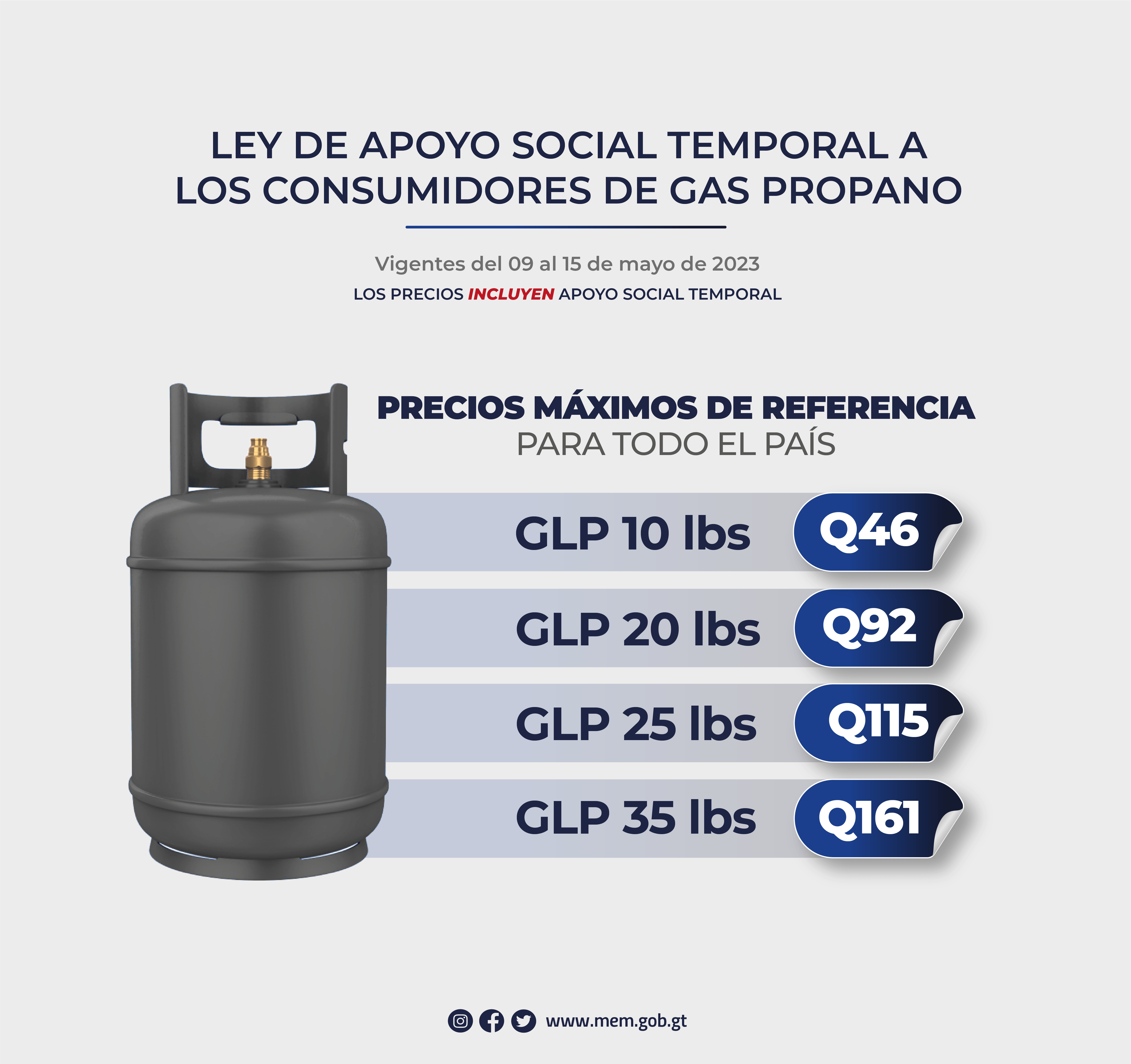 Precios máximos de referencia al consumidor de gas propano con apoyo social temporal vigentes del 09 al 15 de mayo de 2023