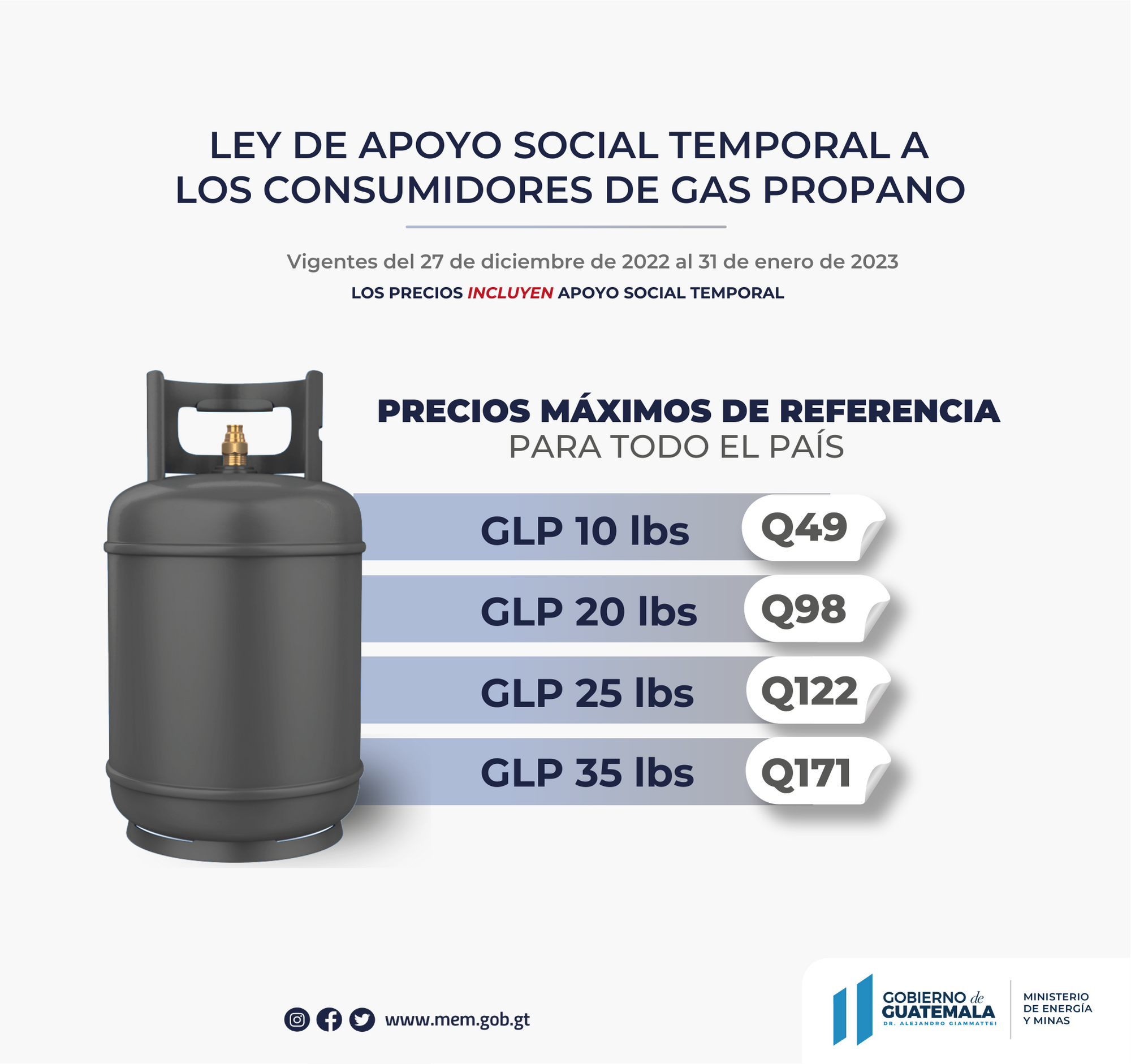 Precios máximos de referencia al consumidor de gas propano con apoyo social vigentes del 27 de diciembre de 2022 al 02 de enero de 2023