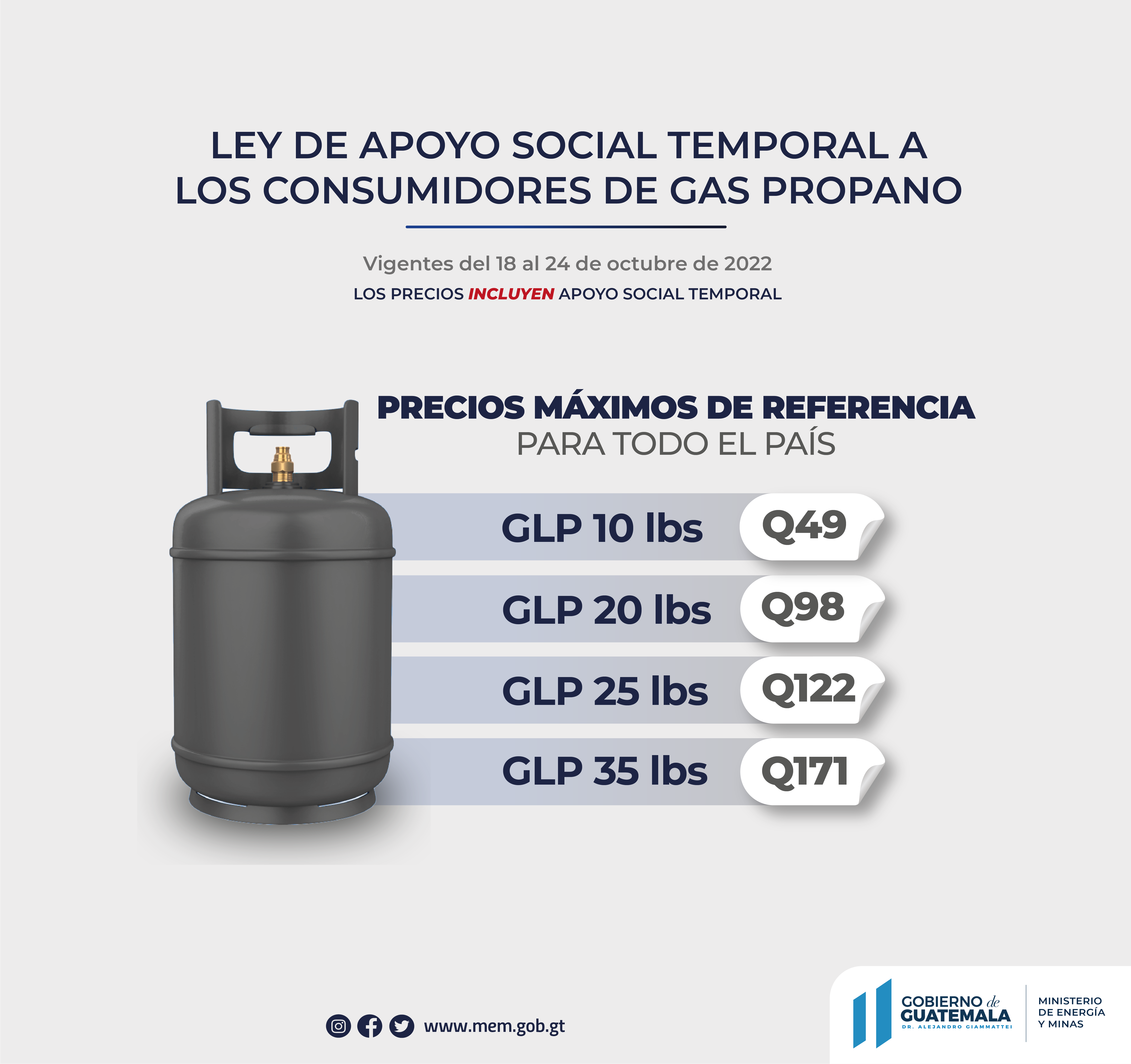 Precios máximos de referencia al consumidor de gas propano con apoyo social vigentes del 18 al 24 de octubre de 2022