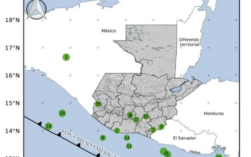 Localización geográfica de los 19 eventos sísmicos registrados en las últimas horas. Fuente: INSIVUMEH.
