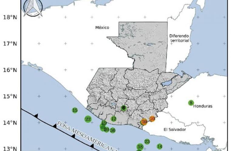 Localización geográfica de eventos sísmicos en las últimas horas. Fuente: INSIVUMEH.