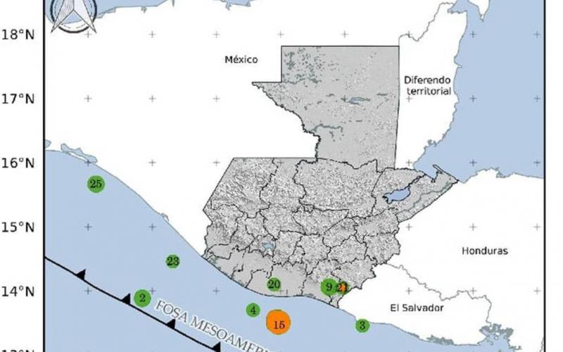 Localización geográfica de los 25 eventos sísmicos registrados en las últimas horas. Fuente: INSIVUMEH.