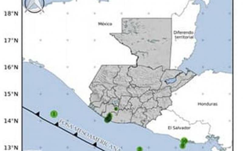 Localización geográfica de los 12 eventos sísmicos registrados en las últimas horas. Fuente: INSIVUMEH.