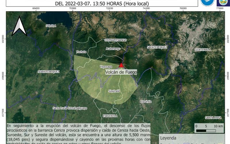Dispersión de ceniza volcánica. Fuente: INSIVUMEH.
