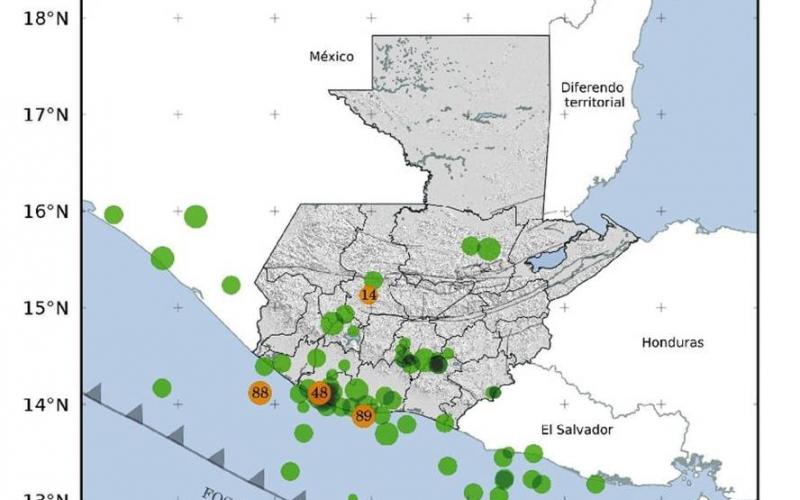 Localización geográfica de los 93 eventos sísmicos registrados en la semana. Fuente: INSIVUMEH.