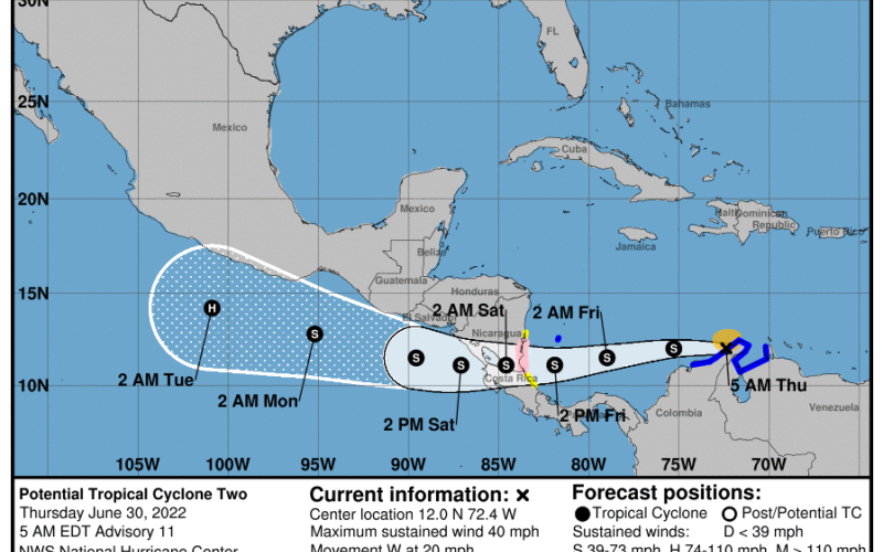 Pronóstico de trayectoria del Sistema de Baja Presión. Fuente: NHC.