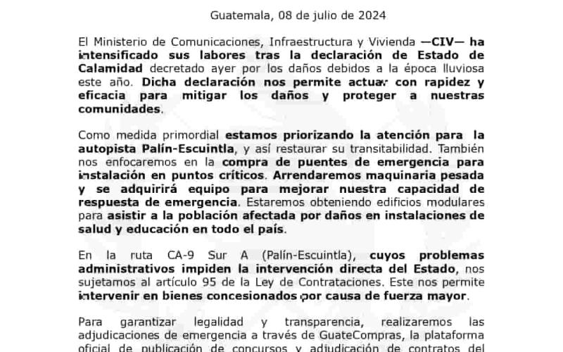 El Ministerio de Comunicaciones, Infraestructura y Vivienda —CIV— ha intensificado sus labores tras la declaración de Estado de Calamidad decretado ayer por los daños debidos a la época lluviosa este año. Dicha declaración nos permite actuar con rapidez y eficacia para mitigar los daños y proteger a nuestras comunidades.