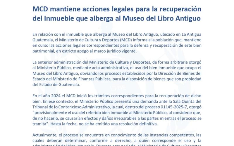 MCD mantiene acciones legales para la recuperación del Inmueble que alberga al Museo del Libro Antiguo
