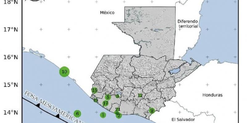 Localización geográfica de los 21 eventos sísmicos registrados en las últimas horas. Fuente: INSIVUMEH.