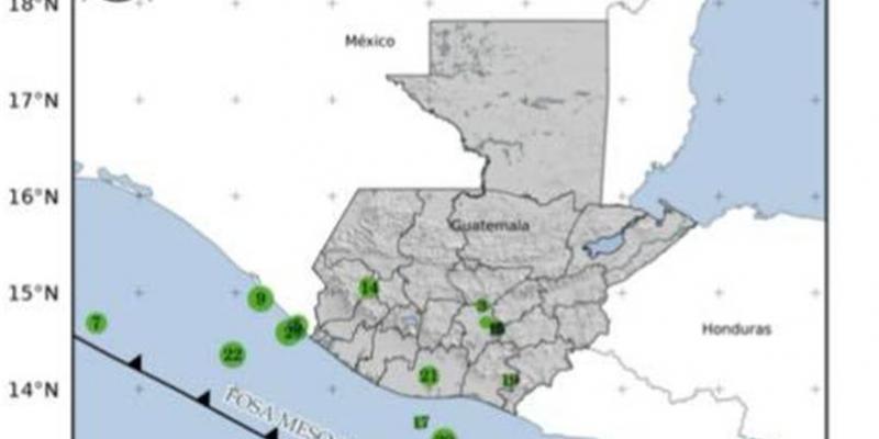 Localización geográfica de los 22 eventos sísmicos registrados en las últimas horas. Fuente: INSIVUMEH.