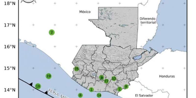Localización geográfica de los 19 eventos sísmicos registrados en las últimas horas. Fuente: INSIVUMEH.