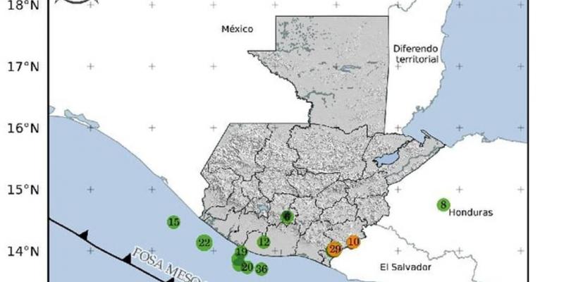 Localización geográfica de eventos sísmicos en las últimas horas. Fuente: INSIVUMEH.