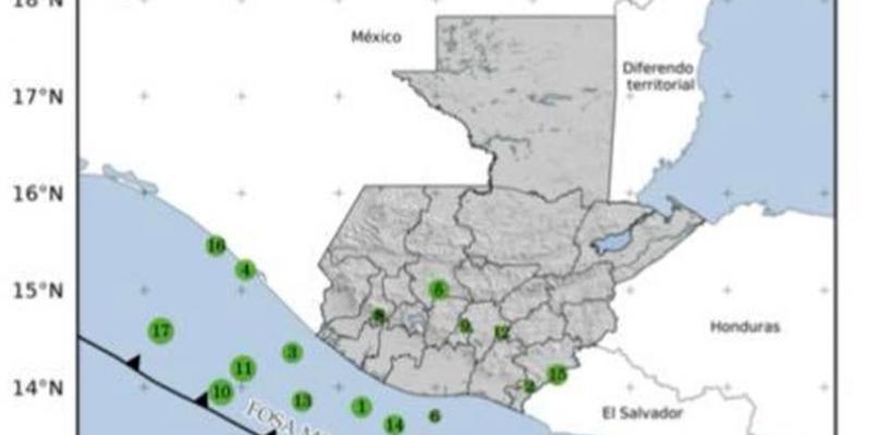 Localización geográfica de los 17 eventos sísmicos (no sensibles) registrados en las últimas horas. Fuente: INSIVUMEH.