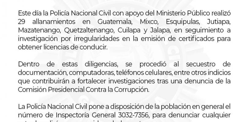 PNC y MP realizaron 29 allanamientos en seguimiento a investigación por irregularidades en la emisión de certificados para obtener licencias de conducir