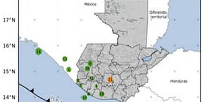 Localización geográfica de los 17 eventos sísmicos registrados en las últimas horas. Fuente: INSIVUMEH.