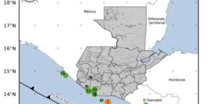 Localización geográfica de los 16 eventos sísmicos registrados en las últimas horas. Fuente: INSIVUMEH.