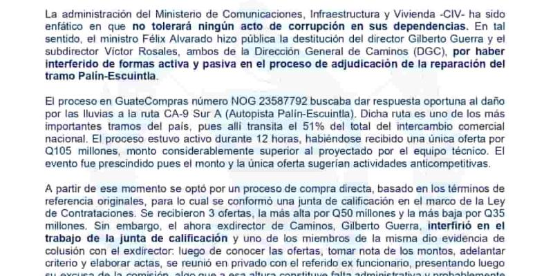 La administración del Ministerio de Comunicaciones, Infraestructura y Vivienda -CIV- ha sido enfático en que no tolerará ningún acto de corrupción en sus dependencias.
