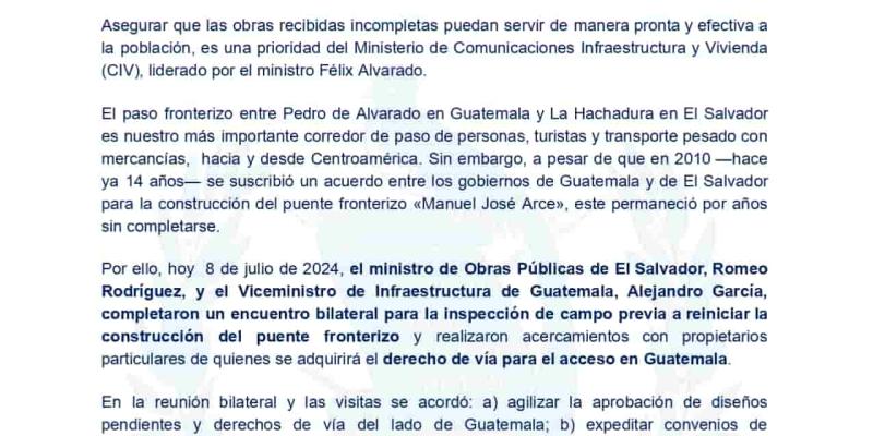 Asegurar que las obras recibidas incompletas puedan servir de manera pronta y efectiva a la población, es una prioridad del Ministerio de Comunicaciones Infraestructura y Vivienda (CIV), liderado por el ministro Félix Alvarado.
