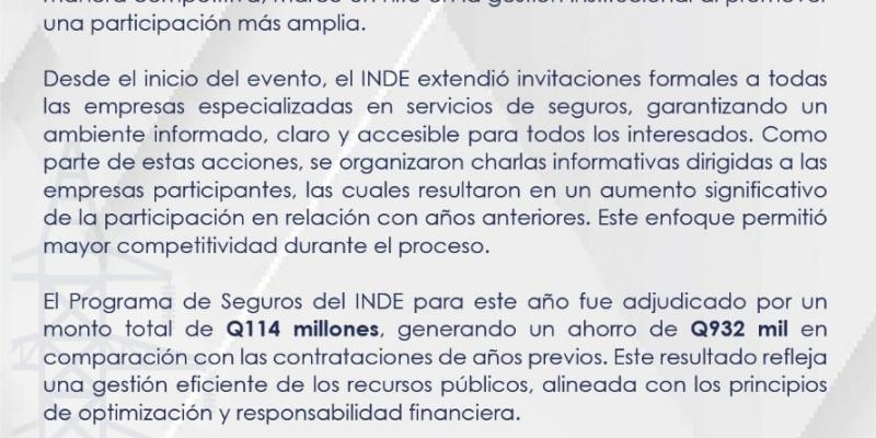 El programa de Seguros del INDE para este año fue adjudicado por un monto total de Q114 millones